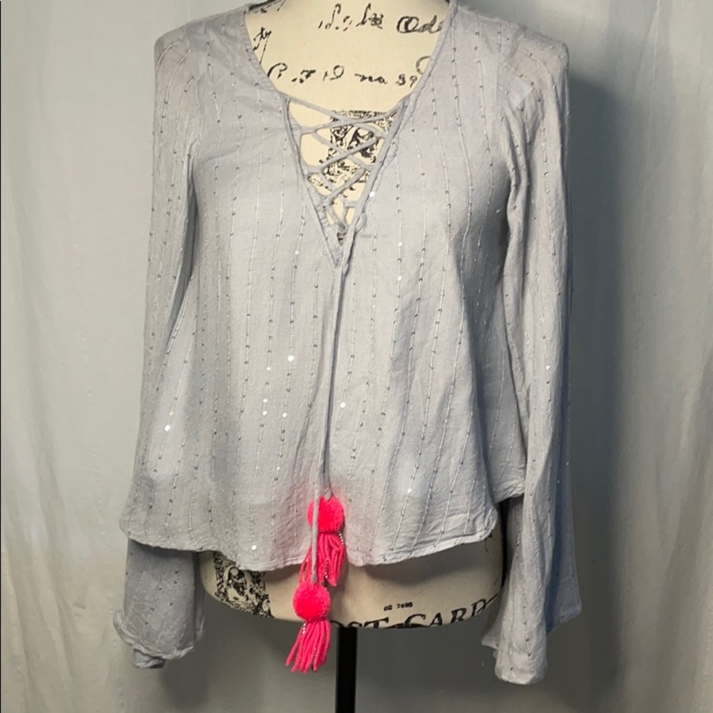 Beach Boho Top Embellished Tassel Trim Lace-up